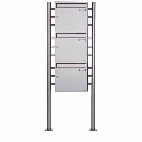3-compartment Stainless steel free-standing letterbox Design BASIC Plus 381X ST R - stainless steel V2A polished