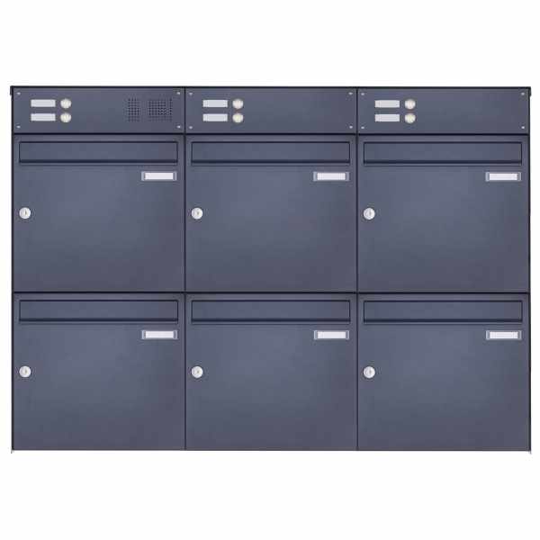 6-compartment 3x2 stainless steel surface mailbox Design BASIC Plus 382XA AP with bell boxes- RAL of your choice