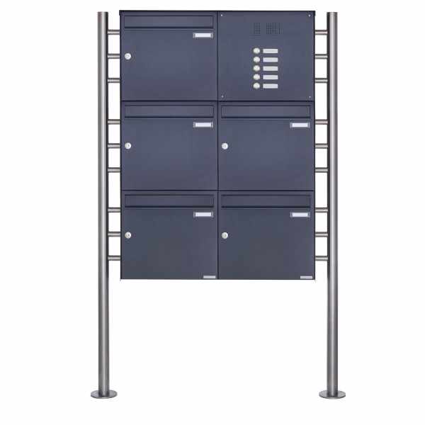 5-compartment 3x2 stainless steel free-standing letterbox Design BASIC Plus 381X ST-R with bell box - RAL of your choice