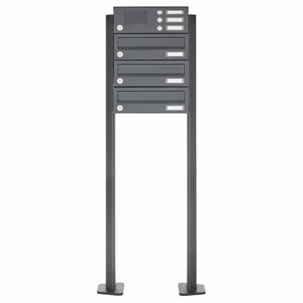 3-compartment Stainless steel free-standing letterbox Design BASIC Plus 385XP ST-T with bell box - RAL of your choice