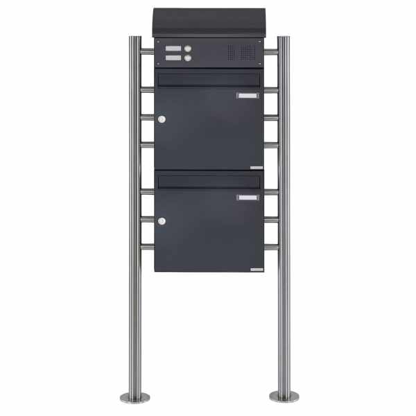 2-compartment free-standing letterbox Design BASIC 383 ST-R with bell box & newspaper box - RAL 7016 anthracite