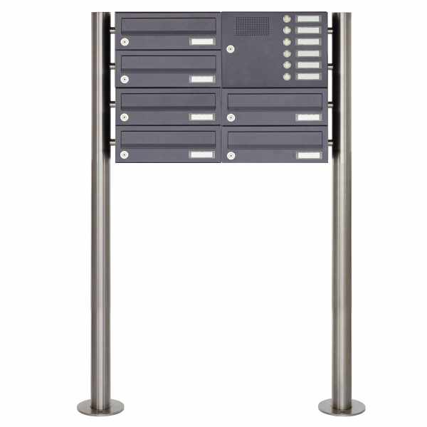 6-compartment 4x2 stainless steel free-standing letterbox Design BASIC Plus 385X ST-R with bell box - RAL of your choice