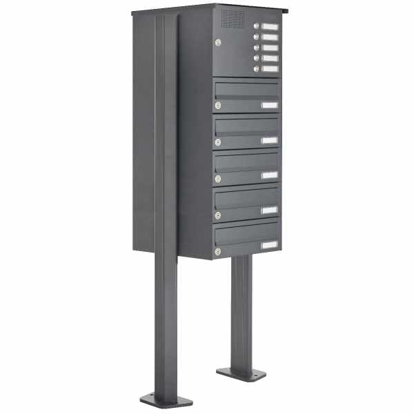 5-compartment free-standing letterbox Design BASIC 385P ST-T with bell box - RAL 7016 anthracite gray