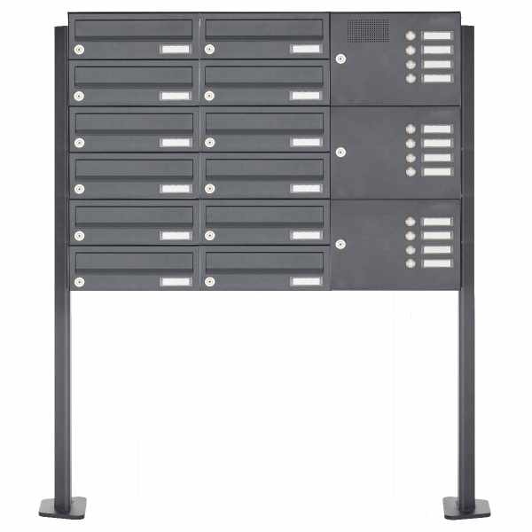 12-compartment 3x6 stainless steel free-standing letterbox Design BASIC Plus 385XP ST-T with bell box - RAL of your choice