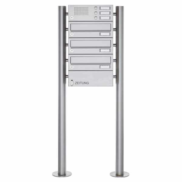 3-compartment free-standing letterbox Design BASIC 385-VA ST-R-1ZF with bell box - stainless steel V2A, polished