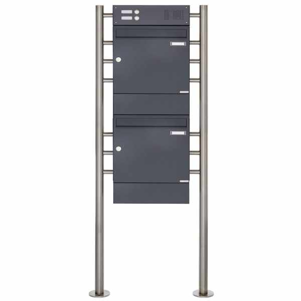 2-compartment 2x1 free-standing letterbox Design BASIC 381 ST-R with bell box & newspaper box - RAL 7016 anthracite