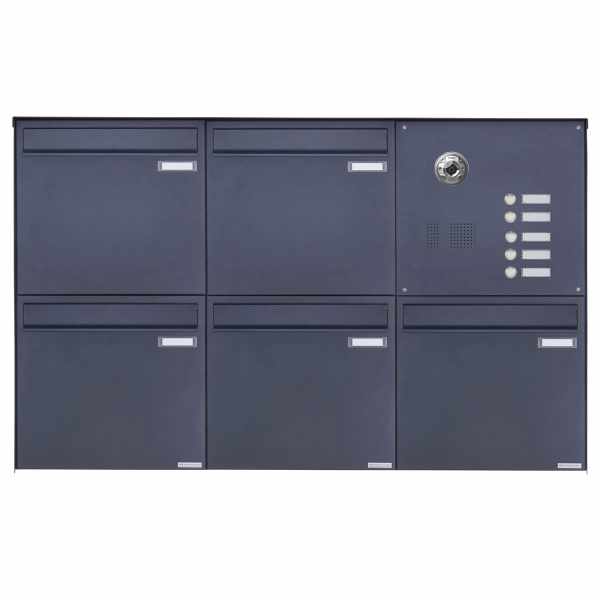 5-compartment 3x2 stainless steel fence mailbox BASIC Plus 382KXZ with bell box - camera preparation - RAL