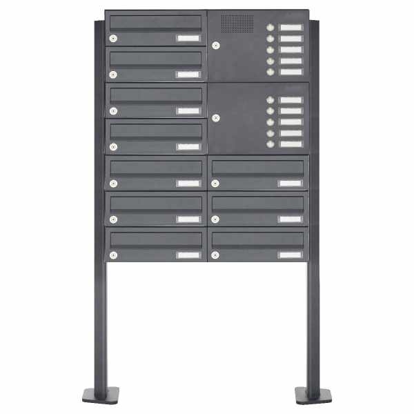 10-compartment Stainless steel free-standing letterbox Design BASIC Plus 385XP ST-T with bell box - RAL of your choice