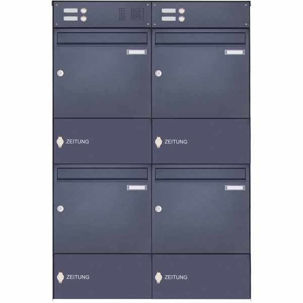 4-compartment Stainless Steel Surface Mount Mailbox Design BASIC Plus 382XA AP with Bell Box & Newspaper Box - RAL