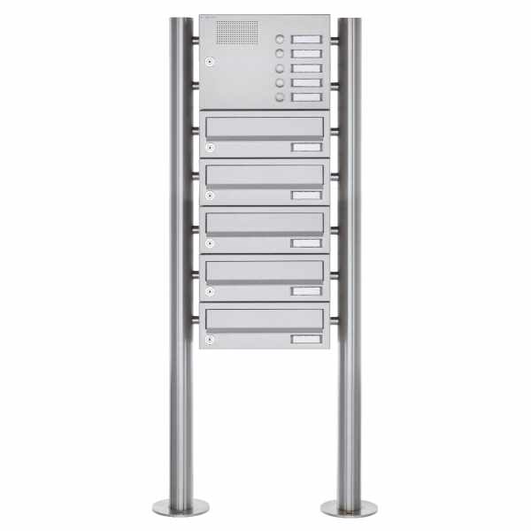 5-compartment free-standing letterbox Design BASIC 385 ST-R with bell box - stainless steel V2A polished