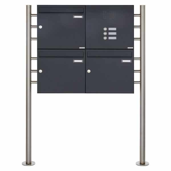 3-compartment 2x2 free-standing letterbox Design BASIC 381 ST-R with bell box - RAL 7016 anthracite gray