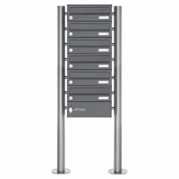 6-compartment 6x1 stainless steel free-standing letterbox Design BASIC Plus 385X ST-R with newspaper box - RAL of your choice