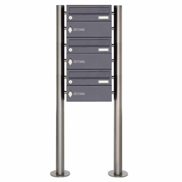 3-compartment Stainless steel free-standing letterbox system Design BASIC Plus 385X ST R ZF - RAL of your choice