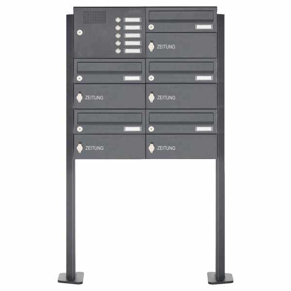 5-compartment free-standing letterbox Design BASIC Plus 385XP ST-T with bell box & newspaper box - RAL of your choice