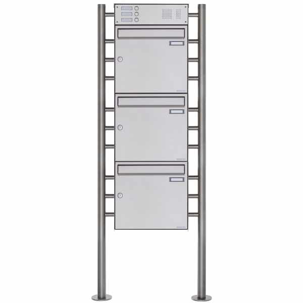 3-compartment free-standing letterbox Design BASIC Plus 381X ST-R with bell box - stainless steel V2A polished