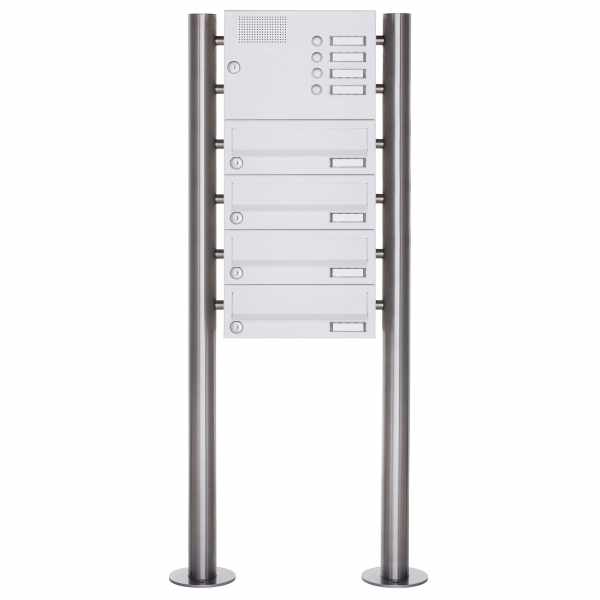 4-compartment free-standing letterbox Design BASIC 385-9016 ST-R with bell box - RAL 9016 traffic white