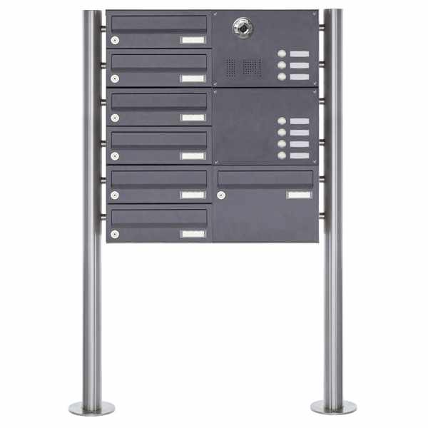 7-compartment Stainless steel free-standing letterbox BASIC Plus 385KX ST-R with bell & voice camera preparation - RAL