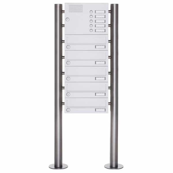 5-compartment free-standing letterbox Design BASIC 385-9016 ST-R with bell box - RAL 9016 traffic white