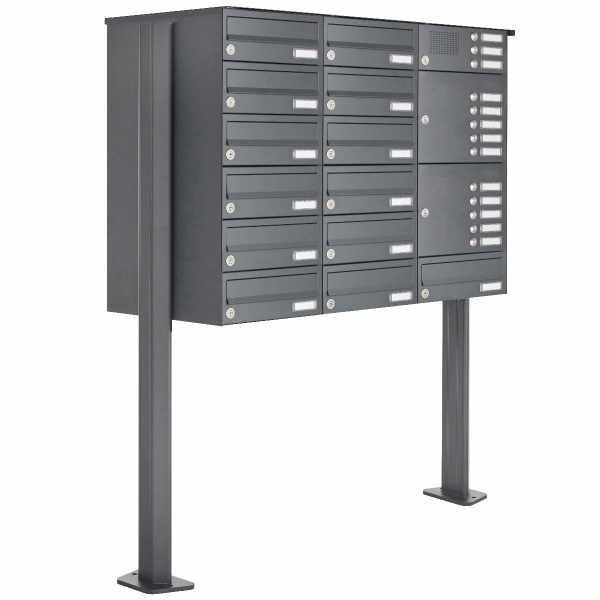 13-compartment free-standing letterbox Design BASIC 385P ST-T with bell box - RAL 7016 anthracite gray