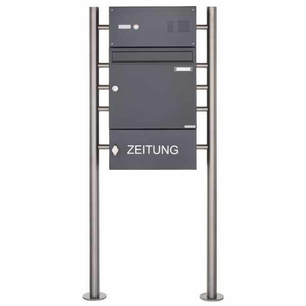 free-standing letterbox Design BASIC 381 ST-R with bell box & newspaper tray - RAL 7016 anthracite