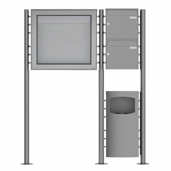 2-compartment Stainless steel free-standing letterbox Design BASIC Plus 381X ST-R with waste garbage can & showcase
