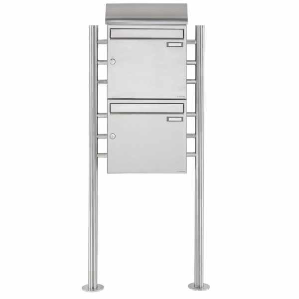 2-compartment Stainless steel free-standing letterbox Design BASIC 383 ST-R with newspaper compartment