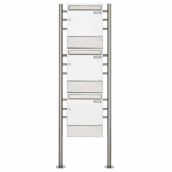 3-compartment 3x1 free-standing letterbox Design BASIC 381 ST-R with newspaper compartment - RAL 9016 traffic white
