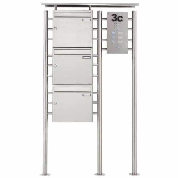 3-compartment Stainless steel free-standing letterbox BASIC 311X ST-R with bell box