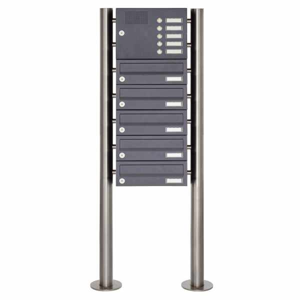 5-compartment 7x1 stainless steel free-standing letterbox Design BASIC Plus 385X ST-R with bell box - RAL of your choice