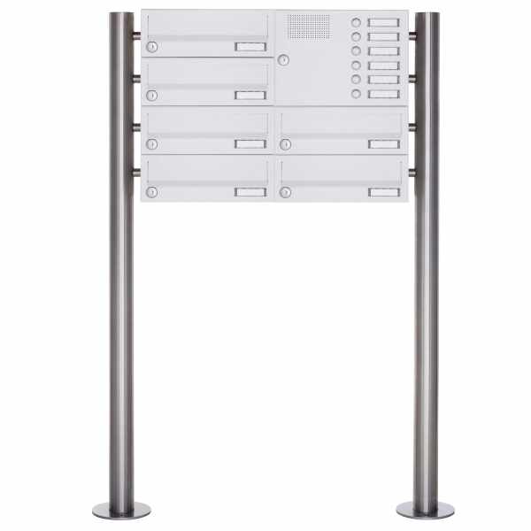 6-compartment free-standing letterbox Design BASIC 385-9016 ST-R with bell box - RAL 9016 traffic white