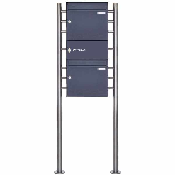2-compartment Stainless steel free-standing letterbox Design BASIC Plus 381X ST-R with newspaper box closed - RAL color