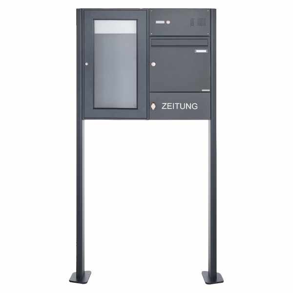 free-standing letterbox with showcase BASIC 3892 ST-T - bell box & newspaper box - 355x660 - RAL 7016