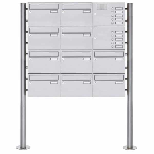 10-compartment Stainless steel free-standing letterbox Design BASIC Plus 385 220 ST R with bell box