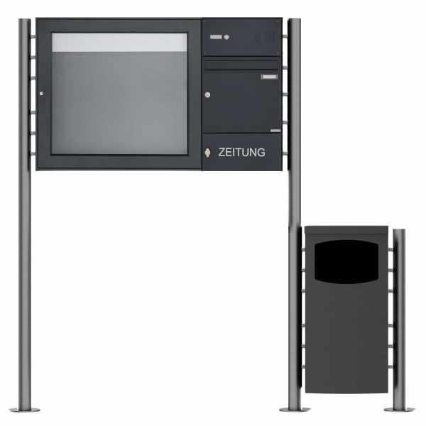 1er free-standing letterbox Design BASIC 381 ST-R with waste garbage can & showcase - RAL 7016 anthracite gray