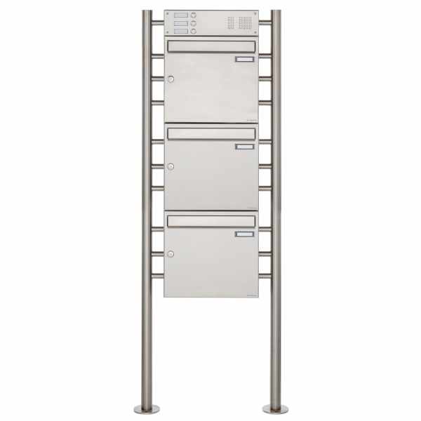 3-compartment 3x1 stainless steel free-standing letterbox Design BASIC 381 ST-R with bell box