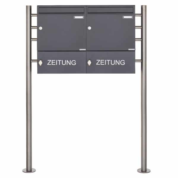 2-compartment 1x2 free-standing letterbox Design BASIC 381 ST-R with closed newspaper box - RAL 7016 anthracite gray