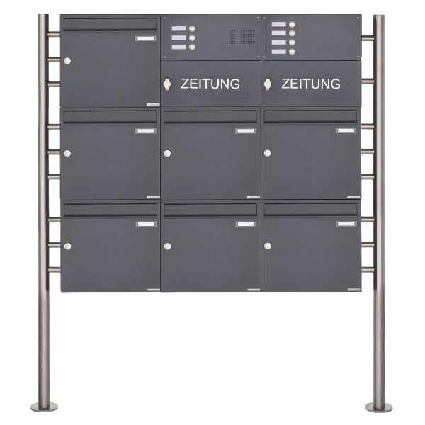 7-compartment free-standing letterbox Design BASIC 381 ST-R with bell box & newspaper box- RAL 7016 anthracite