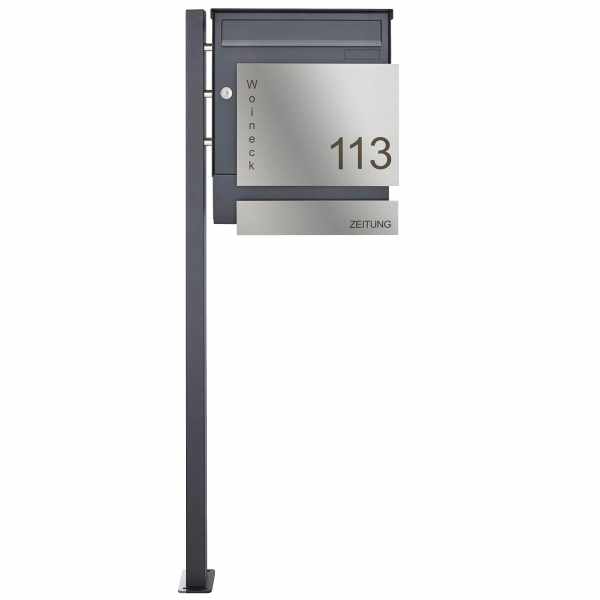1 column stainless steel mailbox free-standing Fanny 374A with newspaper box - RAL of your choice - front cover stainless steel sanded