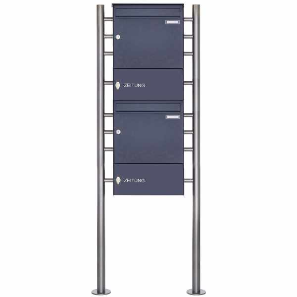 2-compartment Stainless steel free-standing letterbox Design BASIC Plus 381X ST-R with 2x newspaper box closed - RAL