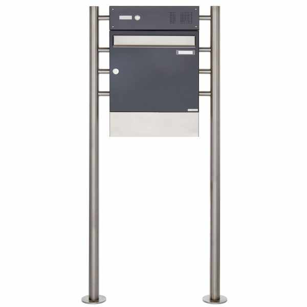 free-standing letterbox Design BASIC 381 ST-R with bell box & newspaper box - stainless steel RAL 7016