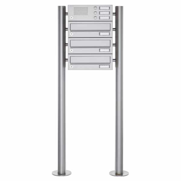 3-compartment free-standing letterbox Design BASIC 385 ST-R with bell box - stainless steel V2A polished