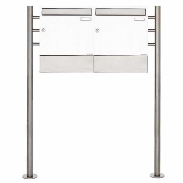 2-compartment 1x2 free-standing letterbox Design BASIC 381 ST-R with newspaper compartment - RAL 9016 traffic white