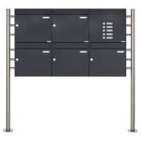 5-compartment 2x3 free-standing letterbox Design BASIC 381 ST-R with bell box - RAL 7016 anthracite gray