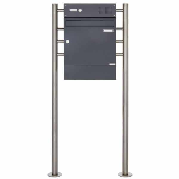 free-standing letterbox Design BASIC 381 ST-R with bell box & newspaper box - RAL 7016 anthracite gray