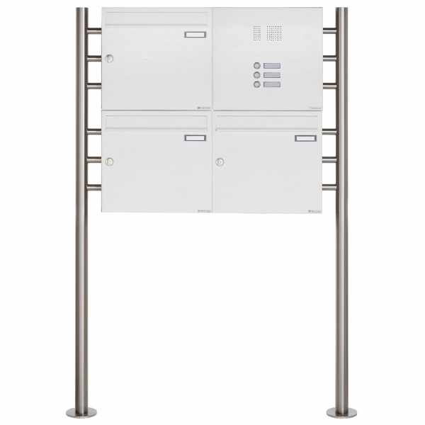 3-compartment 2x2 free-standing letterbox Design BASIC 381 ST-R with bell box - RAL 9016 traffic white