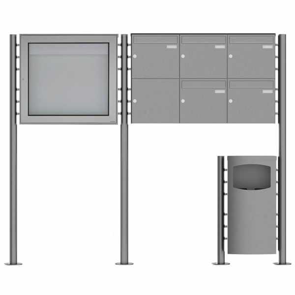 5-compartment 2x3 stainless steel free-standing letterbox Design BASIC Plus 381X ST-R with waste garbage can & showcase
