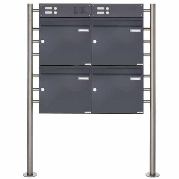 4-compartment Letterbox system freestanding Design BASIC 381 ST-R with bell box - RAL 7016 anthracite gray