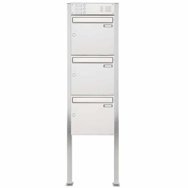 3-compartment 3x1 stainless steel free-standing letterbox Design BASIC 384 ST-Q with bell box