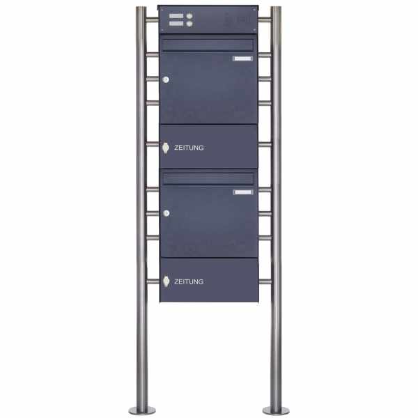2-compartment Letterbox system freestanding Design BASIC Plus 381X ST-R with bell box & newspaper compartment - RAL