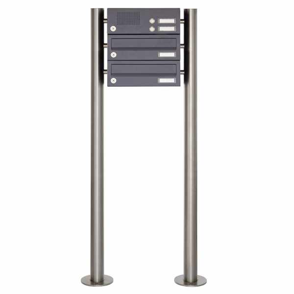 2-compartment 3x1 stainless steel free-standing letterbox Design BASIC Plus 385X ST-R with bell box - RAL of your choice